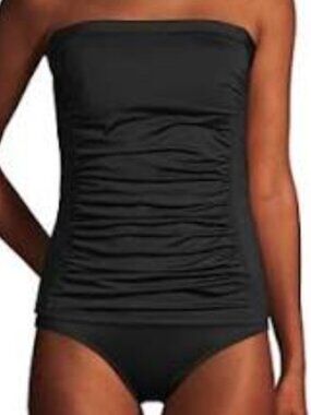Land's End, TWO Bandeau Tankini Swimsuit Tops + swim skirt bottom, Black, 14